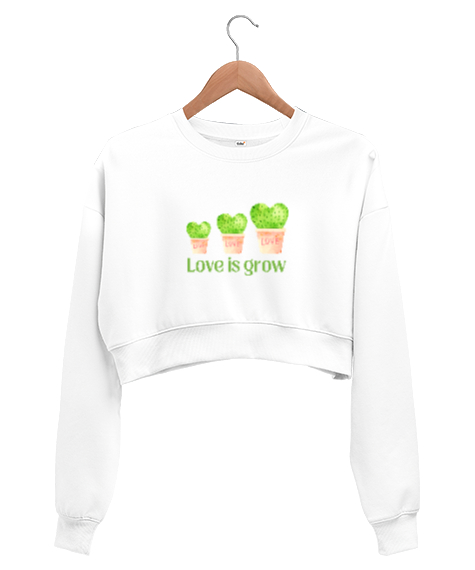Tisho - Aşk Büyüyor - Love is Grow Beyaz Kadın Crop Sweatshirt