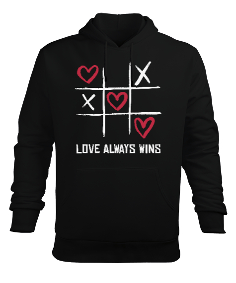 Tisho - Aşk Her Zaman Kazanır Baskılı Sevgililer Günü 14 Şubat Tasarımı Siyah Erkek Kapüşonlu Hoodie Sweatshirt