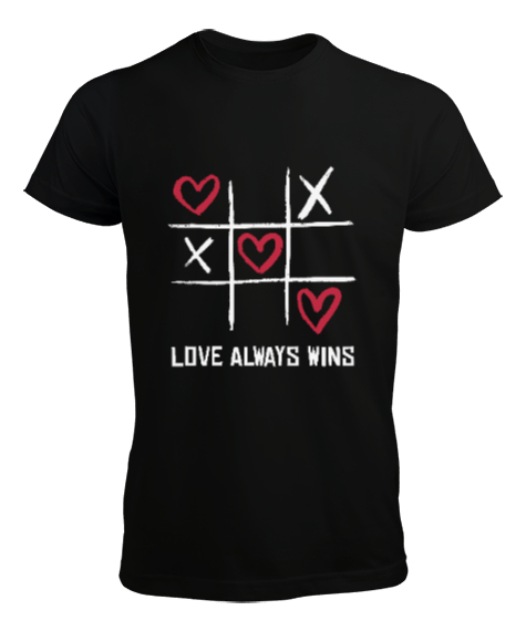 Tisho - Aşk Her Zaman Kazanır Baskılı Sevgililer Günü 14 Şubat Tasarımı Siyah Erkek Tişört