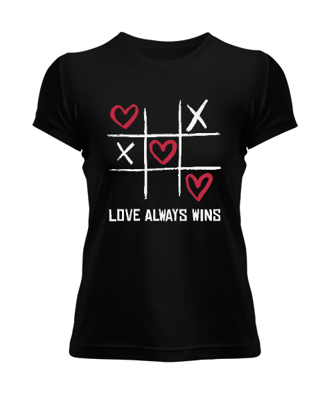 Tisho - Aşk Her Zaman Kazanır Baskılı Sevgililer Günü 14 Şubat Tasarımı Siyah Kadın Tişört