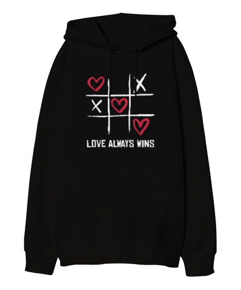 Tisho - Aşk Her Zaman Kazanır Baskılı Sevgililer Günü 14 Şubat Tasarımı Siyah Oversize Unisex Kapüşonlu Sweatshirt