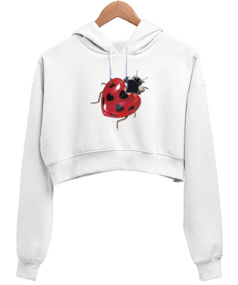 Tisho - Aşk Kalp Uğur böceği Beyaz Kadın Crop Hoodie Kapüşonlu Sweatshirt