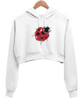 Aşk Kalp Uğur böceği Beyaz Kadın Crop Hoodie Kapüşonlu Sweatshirt - Tisho