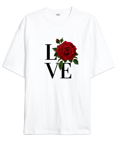 Tisho - Aşk -Love Yazılı Beyaz Oversize Unisex Tişört