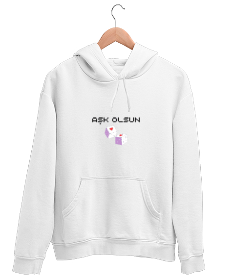 Tisho - Aşk Olsun Yazılı Beyaz Unisex Kapşonlu Sweatshirt