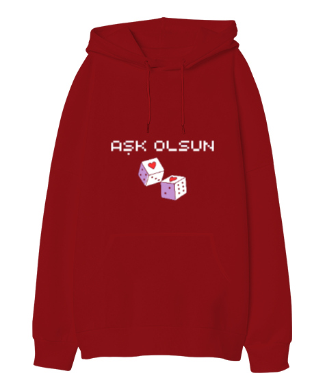 Tisho - Aşk Olsun Yazılı Kırmızı Oversize Unisex Kapüşonlu Sweatshirt