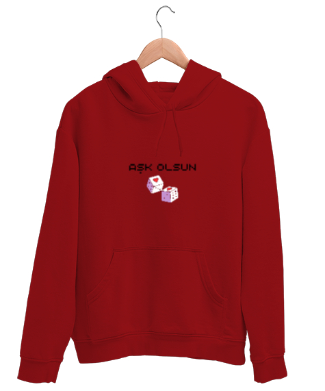 Tisho - Aşk Olsun Yazılı Kırmızı Unisex Kapşonlu Sweatshirt