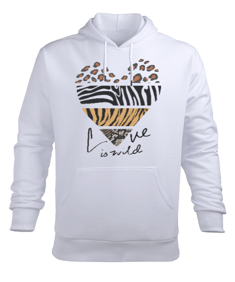 Tisho - Aşk Vahşidir, Love is Wild Kalp Baskılı Beyaz Erkek Kapüşonlu Hoodie Sweatshirt