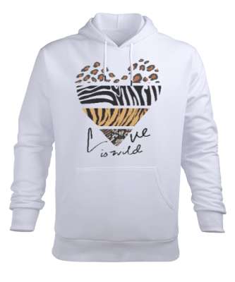 Aşk Vahşidir, Love is Wild Kalp Baskılı Beyaz Erkek Kapüşonlu Hoodie Sweatshirt - Tisho