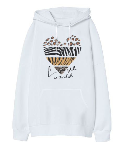 Tisho - Aşk Vahşidir, Love is Wild Kalp Baskılı Beyaz Oversize Unisex Kapüşonlu Sweatshirt