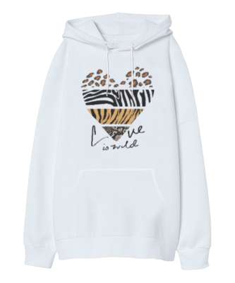 Aşk Vahşidir, Love is Wild Kalp Baskılı Beyaz Oversize Unisex Kapüşonlu Sweatshirt - Tisho