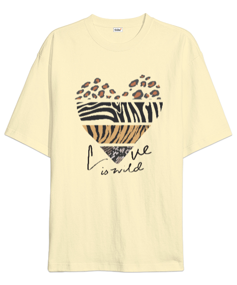 Tisho - Aşk Vahşidir, Love is Wild Kalp Baskılı Krem Oversize Unisex Tişört