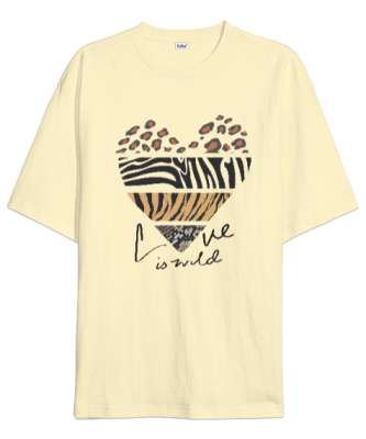 Aşk Vahşidir, Love is Wild Kalp Baskılı Krem Oversize Unisex Tişört - Tisho