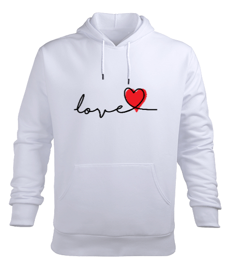 Tisho - Aşk ve Kalp Sevgililer Günü 14 Şubat Tasarımı Baskılı Beyaz Erkek Kapüşonlu Hoodie Sweatshirt