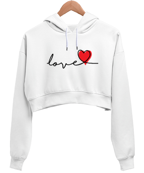 Tisho - Aşk ve Kalp Sevgililer Günü 14 Şubat Tasarımı Baskılı Beyaz Kadın Crop Hoodie Kapüşonlu Sweatshirt