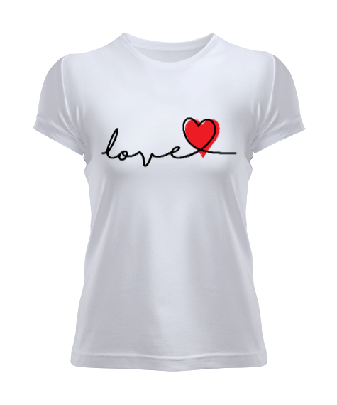 Tisho - Aşk ve Kalp Sevgililer Günü 14 Şubat Tasarımı Baskılı Beyaz Kadın Tişört