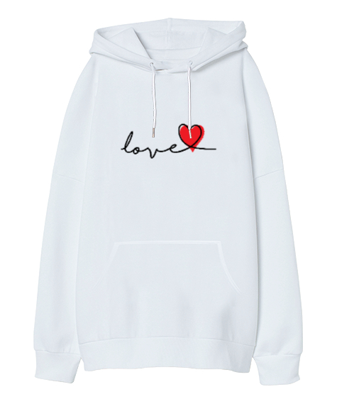 Tisho - Aşk ve Kalp Sevgililer Günü 14 Şubat Tasarımı Baskılı Beyaz Oversize Unisex Kapüşonlu Sweatshirt