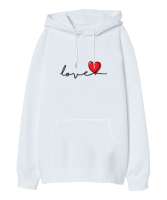 Aşk ve Kalp Sevgililer Günü 14 Şubat Tasarımı Baskılı Beyaz Oversize Unisex Kapüşonlu Sweatshirt - Tisho