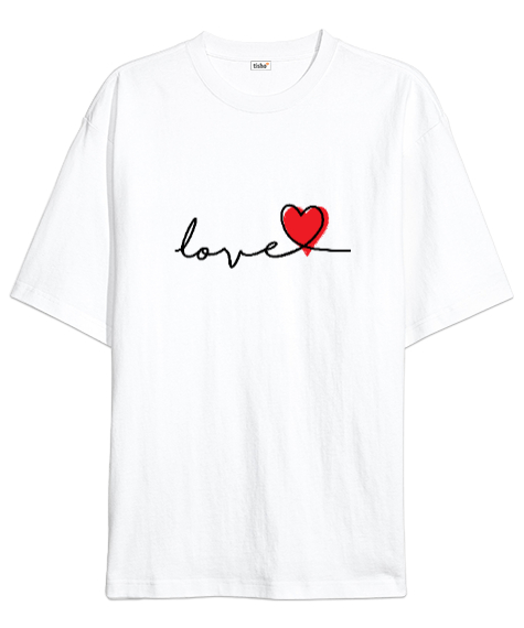 Tisho - Aşk ve Kalp Sevgililer Günü 14 Şubat Tasarımı Baskılı Beyaz Oversize Unisex Tişört