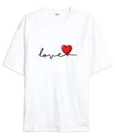 Aşk ve Kalp Sevgililer Günü 14 Şubat Tasarımı Baskılı Beyaz Oversize Unisex Tişört - Tisho