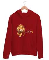 Aslan desenli tasarım Kırmızı Unisex Kapşonlu Sweatshirt - Tisho