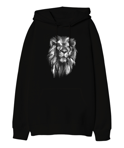 Tisho - Aslan Kafası - Lion Siyah Oversize Unisex Kapüşonlu Sweatshirt