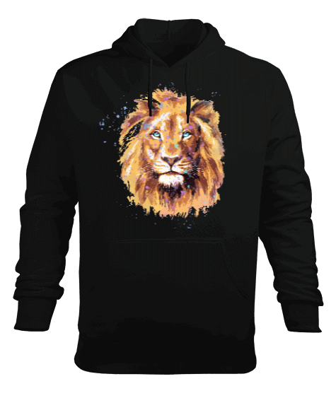 Tisho - Aslan Lion Suluboya Tasarım Baskılı Siyah Erkek Kapüşonlu Hoodie Sweatshirt