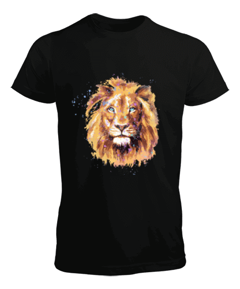 Tisho - Aslan Lion Suluboya Tasarım Baskılı Siyah Erkek Tişört