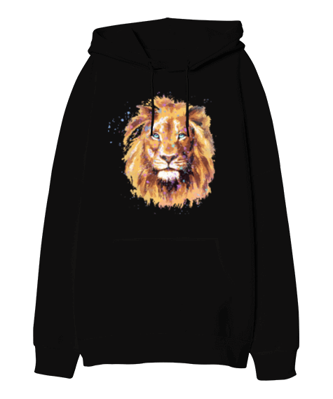 Tisho - Aslan Lion Suluboya Tasarım Baskılı Siyah Oversize Unisex Kapüşonlu Sweatshirt