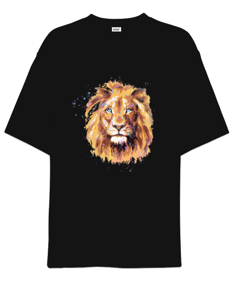 Tisho - Aslan Lion Suluboya Tasarım Baskılı Siyah Oversize Unisex Tişört
