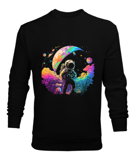 Tisho - Astronaut in Space Baskılı Siyah Erkek Sweatshirt