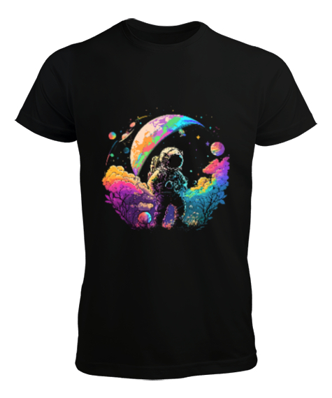 Tisho - Astronaut in Space Baskılı Siyah Erkek Tişört