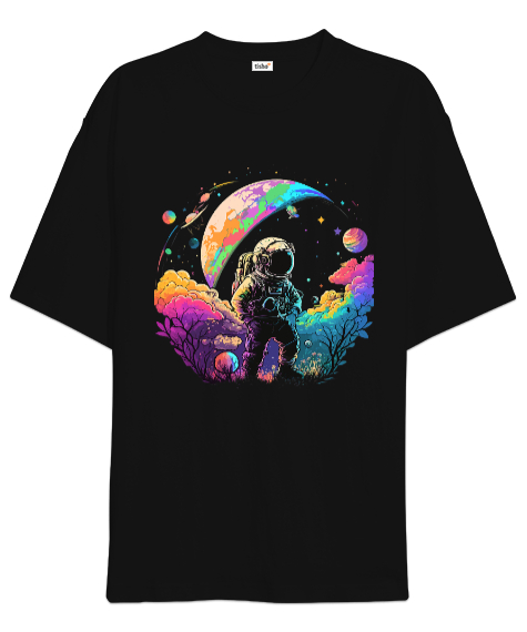 Tisho - Astronaut in Space Baskılı Siyah Oversize Unisex Tişört