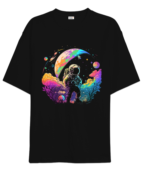 Tisho - Astronaut in Space Baskılı Siyah Oversize Unisex Tişört