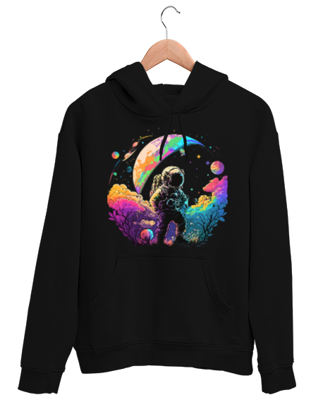 Tisho - Astronaut in Space Baskılı Siyah Unisex Kapşonlu Sweatshirt