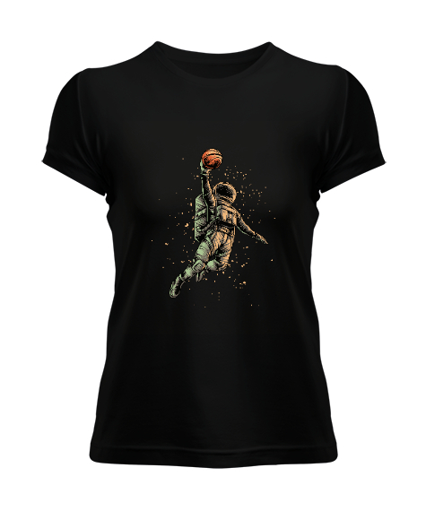 Tisho - Astronaut playing Basketball Baskılı Siyah Kadın Tişört
