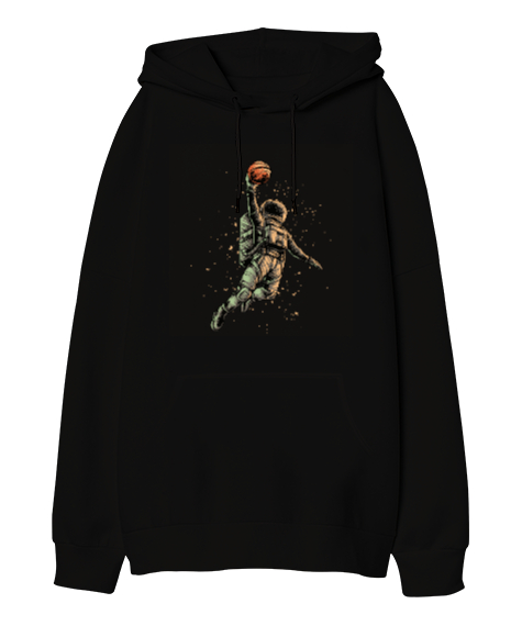 Tisho - Astronaut playing Basketball Baskılı Siyah Oversize Unisex Kapüşonlu Sweatshirt