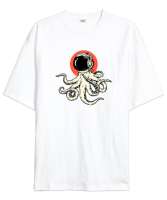 Astronot Ahtapot - Octobus Beyaz Oversize Unisex Tişört - Tisho