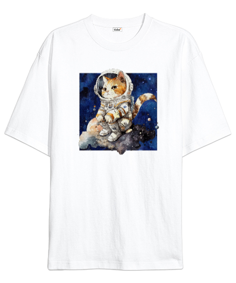Tisho - Astronot Kedi Beyaz Oversize Unisex Tişört