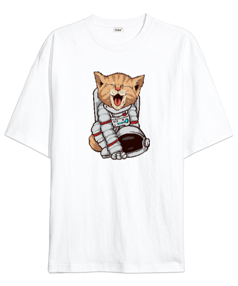 Tisho - Astronot Kedi - Cat Beyaz Oversize Unisex Tişört