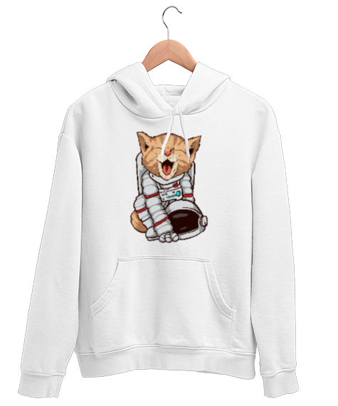 Tisho - Astronot Kedi - Cat Beyaz Unisex Kapşonlu Sweatshirt