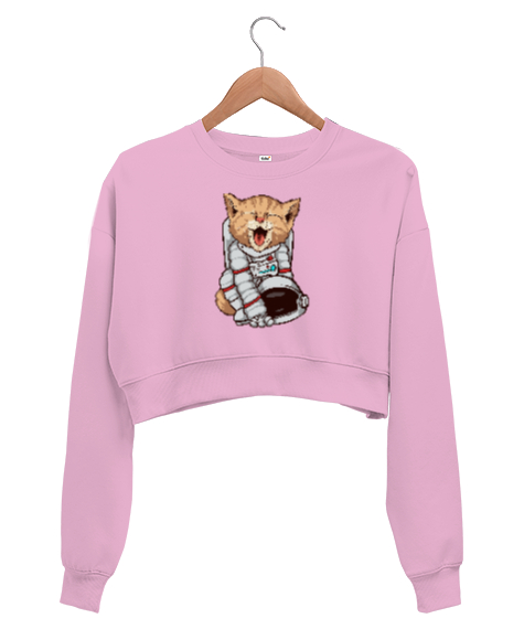 Tisho - Astronot Kedi - Cat Pembe Kadın Crop Sweatshirt