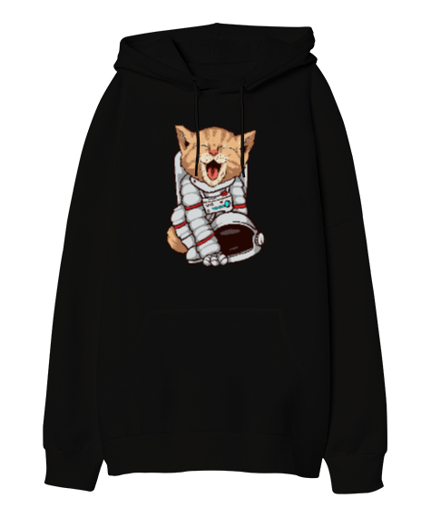 Tisho - Astronot Kedi - Cat Siyah Oversize Unisex Kapüşonlu Sweatshirt