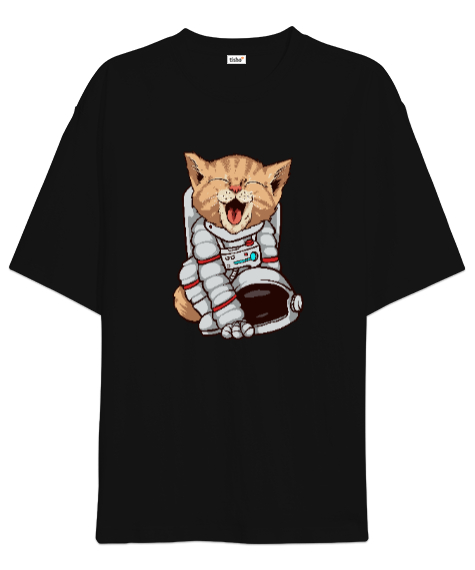 Tisho - Astronot Kedi - Cat Siyah Oversize Unisex Tişört