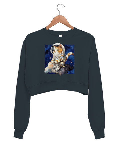 Tisho - Astronot Kedi Füme Kadın Crop Sweatshirt