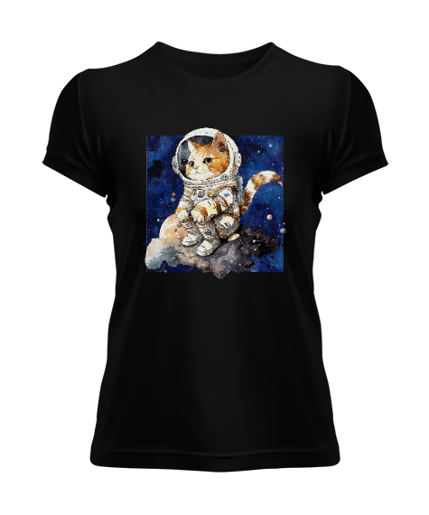 Tisho - Astronot Kedi Siyah Kadın Tişört