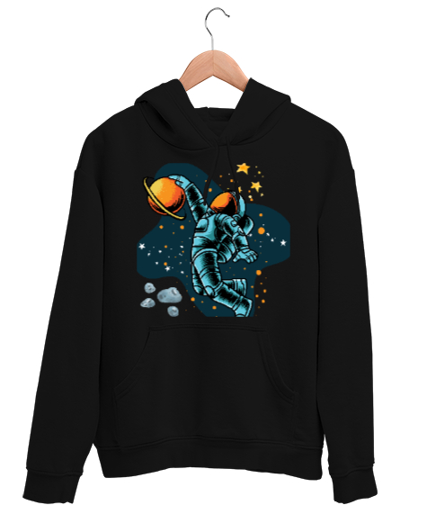 Tisho - Astronot Siyah Unisex Kapşonlu Sweatshirt