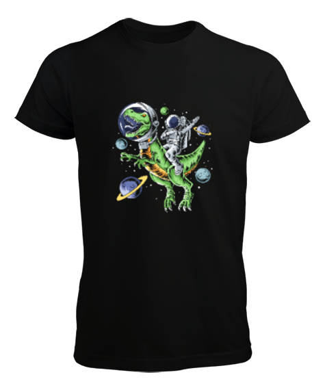 Tisho - Astronot T-Rex Gezinti - Astronaut Riding T-Rex Dinosaur Astro T-Rex Space Baskılı Siyah Erkek Tişört