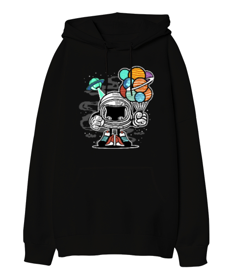 Tisho - Astronot Tasarımlı Siyah Oversize Unisex Kapüşonlu Sweatshirt