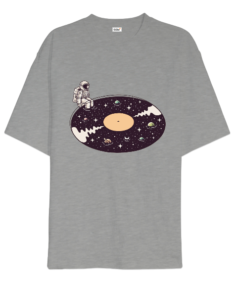 Tisho - Astronot Uzayda Pikap Müzik Gezegenler Gri Oversize Unisex Tişört